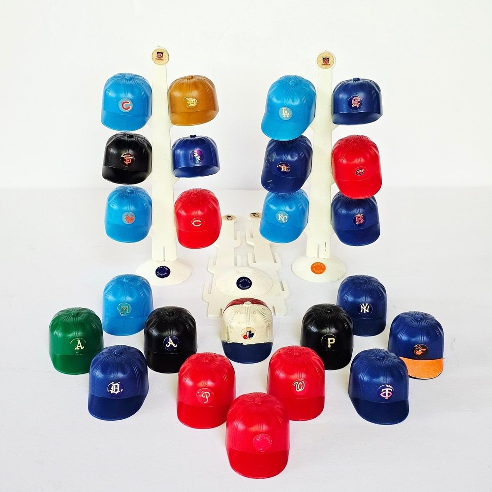 Vintage MLB Gumball Miniature Baseball Helmet Collection w/Display Stands 24pc